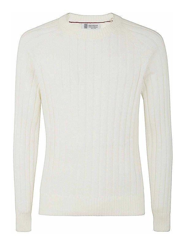 BRUNELLO CUCINELLI MEN'S IVORY RIBBED KNIT SWEATER