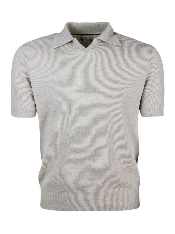 BRUNELLO CUCINELLI MEN'S BEIGE RIBBED COTTON SWEATER