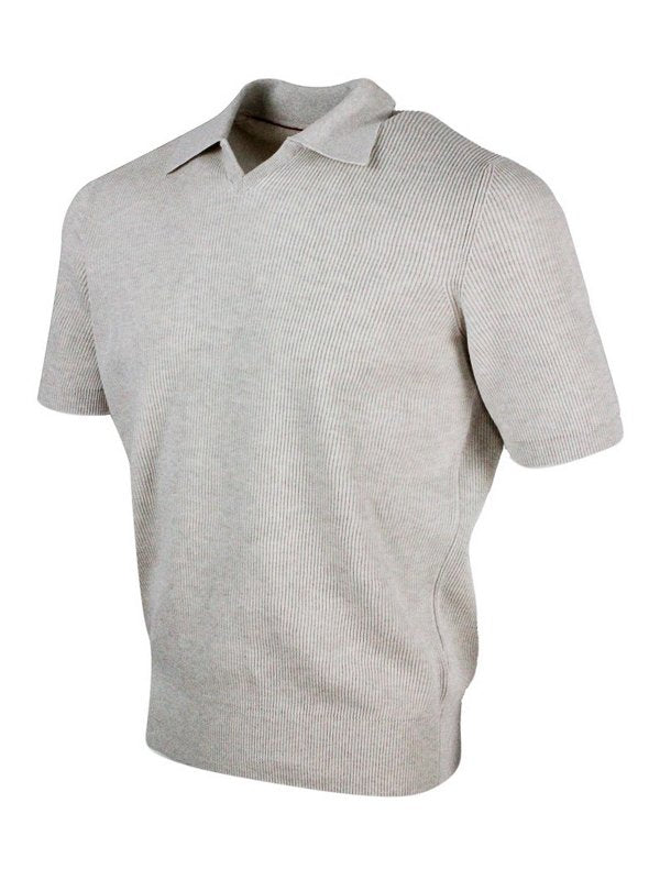 BRUNELLO CUCINELLI MEN'S BEIGE RIBBED COTTON SWEATER