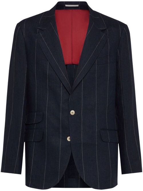 BRUNELLO CUCINELLI MEN'S NAVY LINEN PINSTRIPE BLAZER