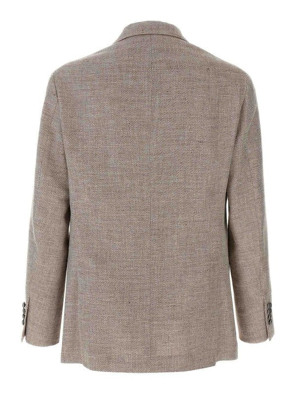 BRUNELLO CUCINELLI MEN'S TAUPE LINEN BLEND DOUBLE-BREASTED BLAZER