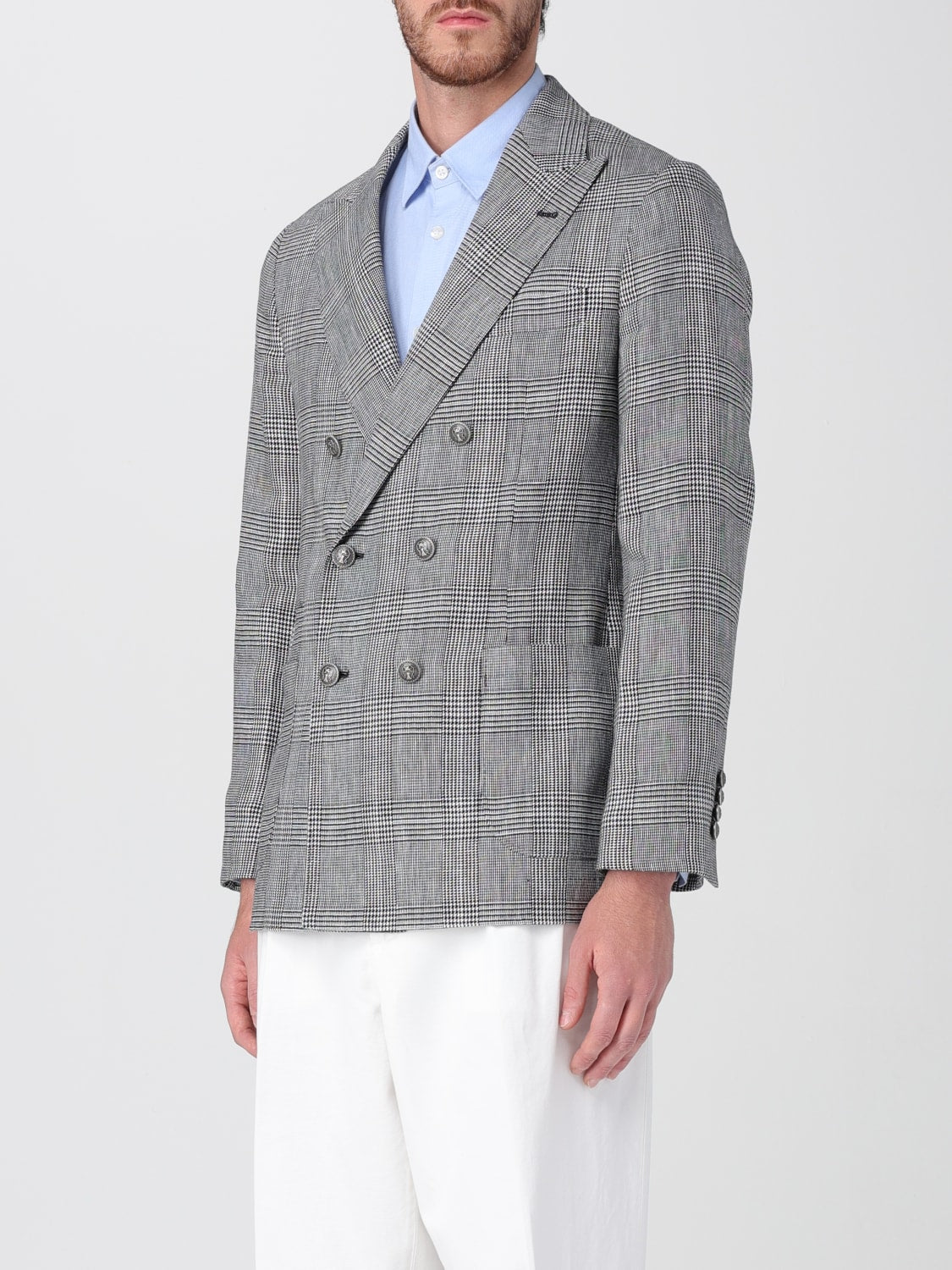 BRUNELLO CUCINELLI MEN'S GRAY PLAID DOUBLE-BREASTED BLAZER