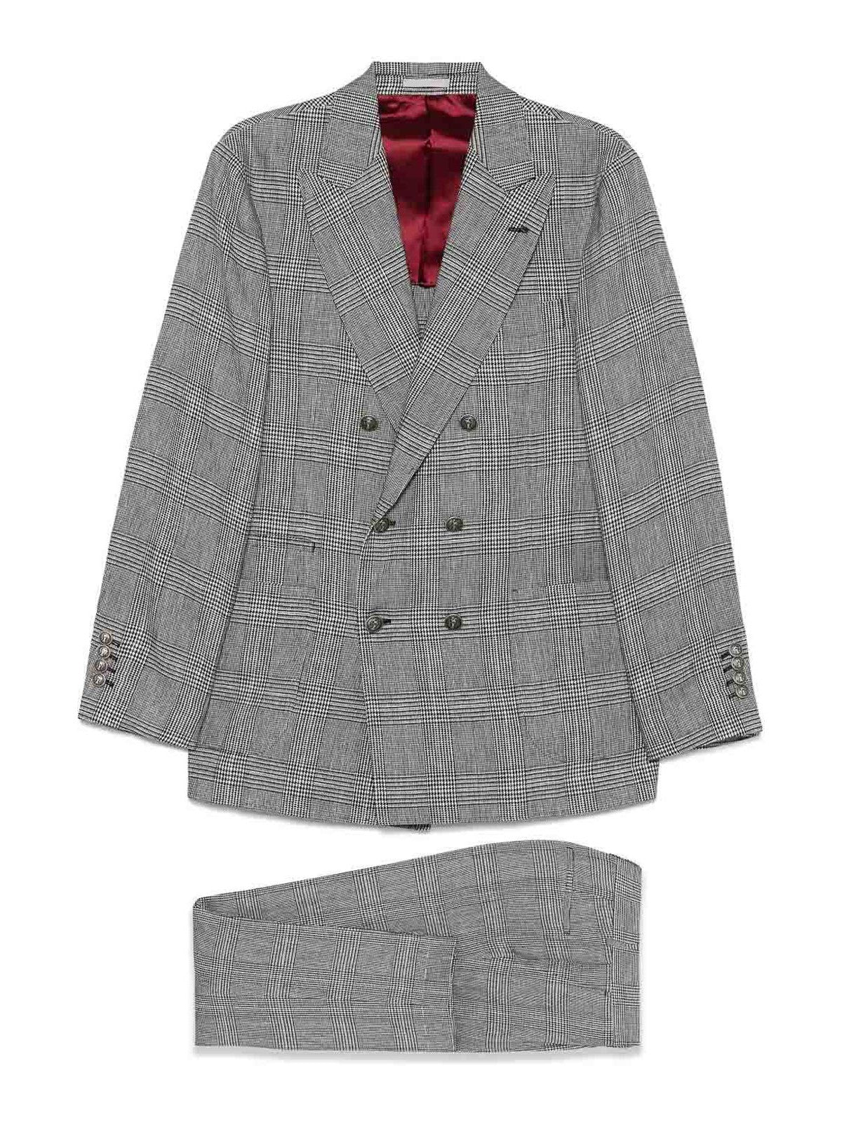 BRUNELLO CUCINELLI MEN'S GRAY PLAID DOUBLE-BREASTED SUIT