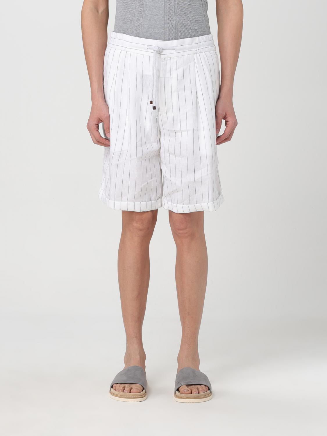 BRUNELLO CUCINELLI MEN'S WHITE LINEN STRIPED SHORTS