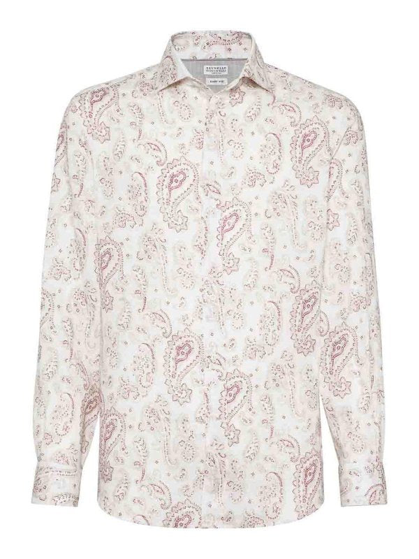 BRUNELLO CUCINELLI MEN'S RASPBERRY PAISLEY LINEN SHIRT
