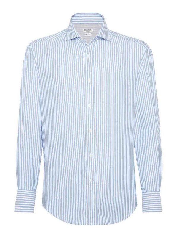 BRUNELLO CUCINELLI MEN'S WHITE AND LIGHT BLUE STRIPED SHIRT