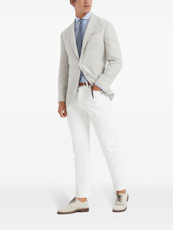 BRUNELLO CUCINELLI MEN'S WHITE AND LIGHT BLUE STRIPED SHIRT