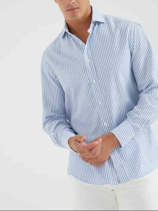 BRUNELLO CUCINELLI MEN'S WHITE AND LIGHT BLUE STRIPED SHIRT