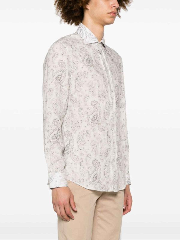 BRUNELLO CUCINELLI MEN'S WHITE PAISLEY LINEN SHIRT