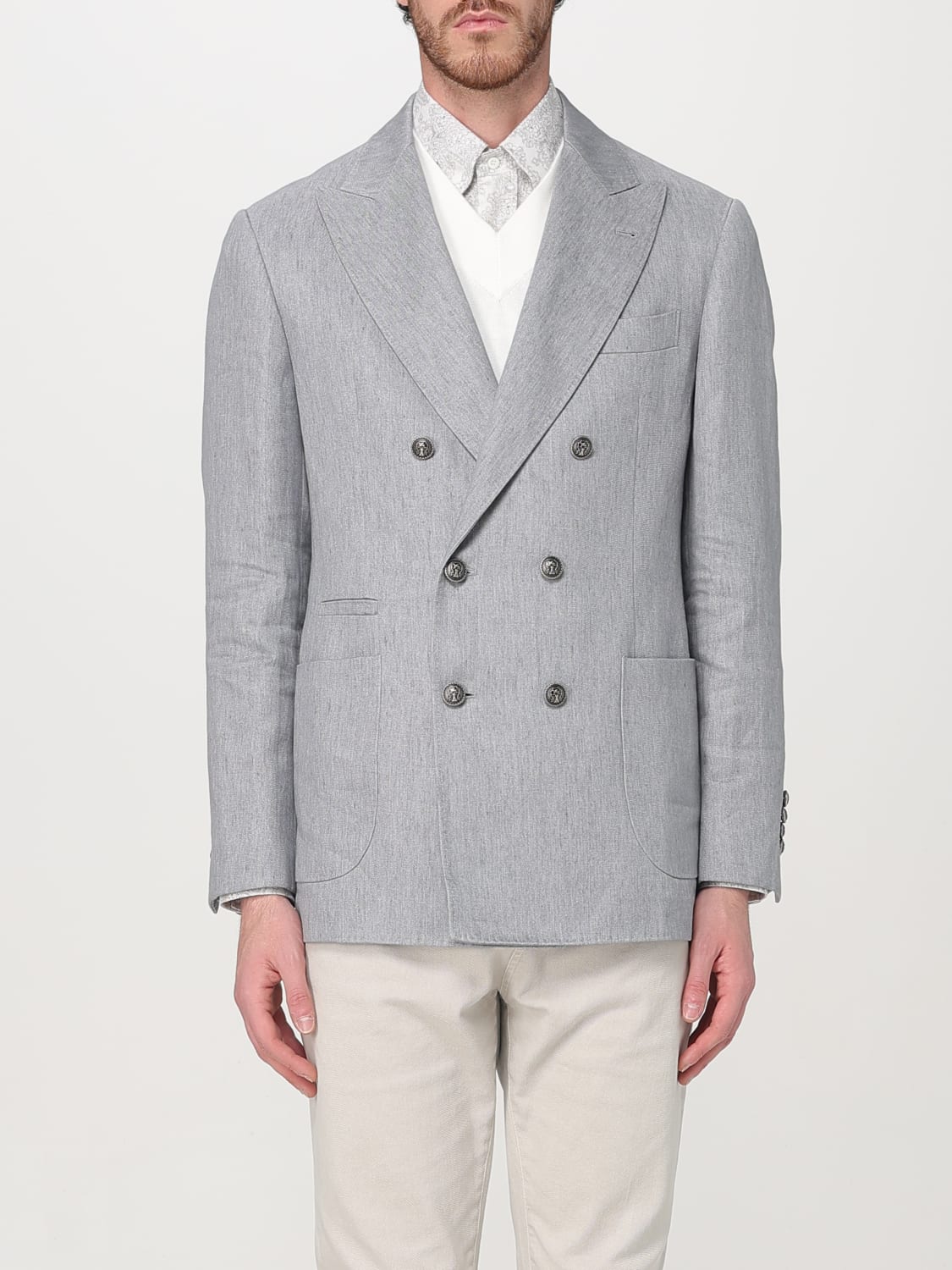 BRUNELLO CUCINELLI MEN'S GREY LINEN DOUBLE-BREASTED BLAZER