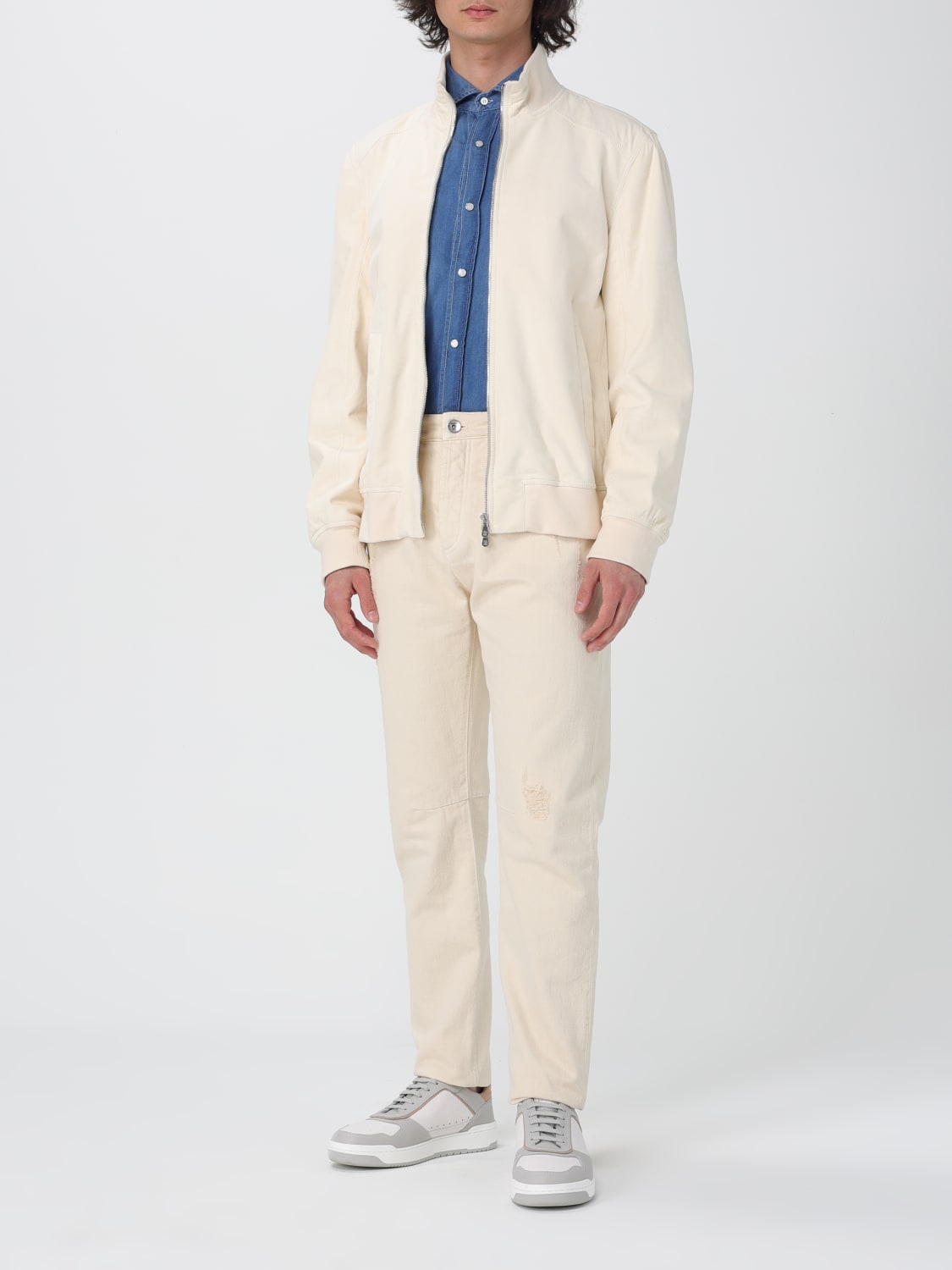 BRUNELLO CUCINELLI MEN'S OFF WHITE LEATHER ZIP JACKET