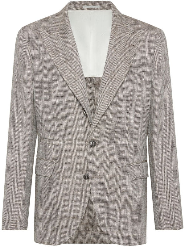 BRUNELLO CUCINELLI MEN'S LIGHT BROWN SILK LINEN BLAZER