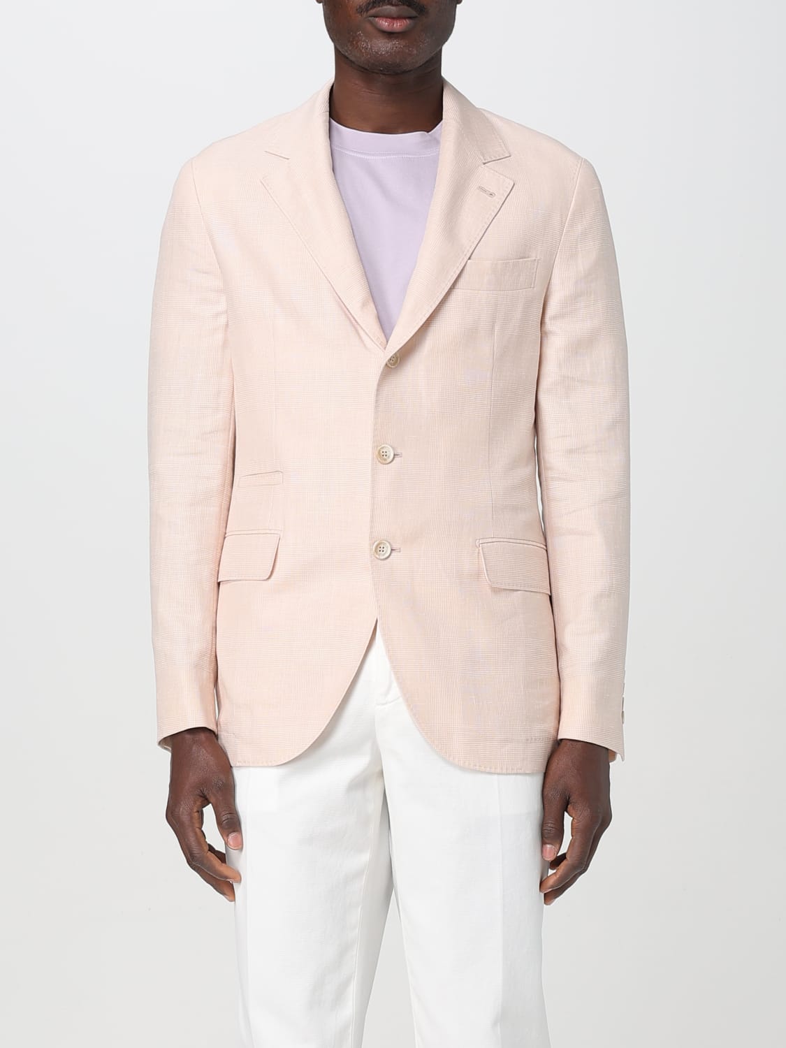 BRUNELLO CUCINELLI MEN'S LIGHT PINK WOOL LINEN BLAZER