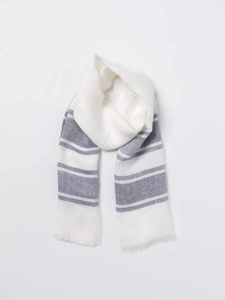 BRUNELLO CUCINELLI MEN'S WHITE AND BLUE LINEN STRIPED SCARF