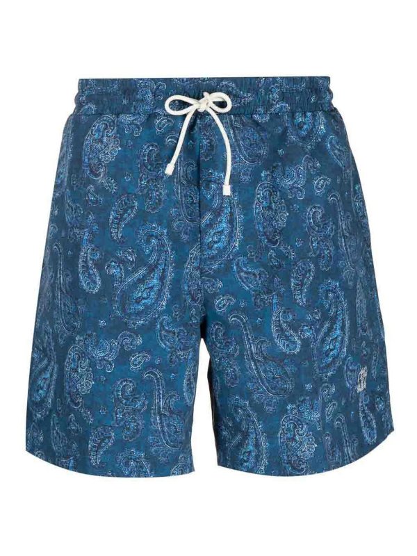 BRUNELLO CUCINELLI MEN'S BLUE PAISLEY DRAWSTRING SHORTS