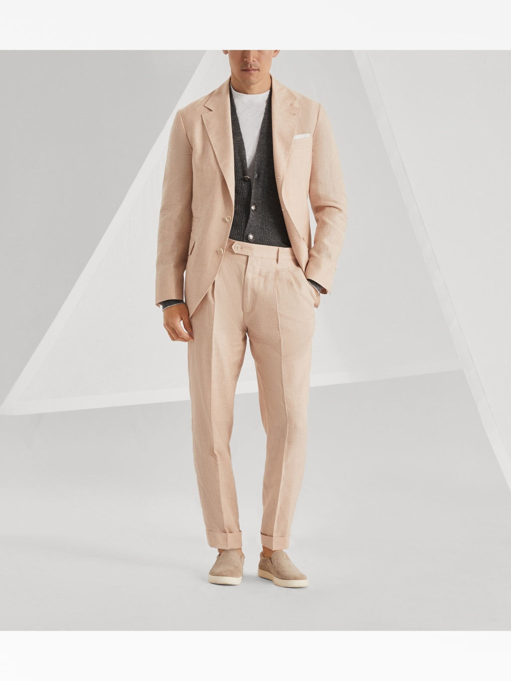 BRUNELLO CUCINELLI MEN'S LIGHT PINK WOOL LINEN TROUSERS