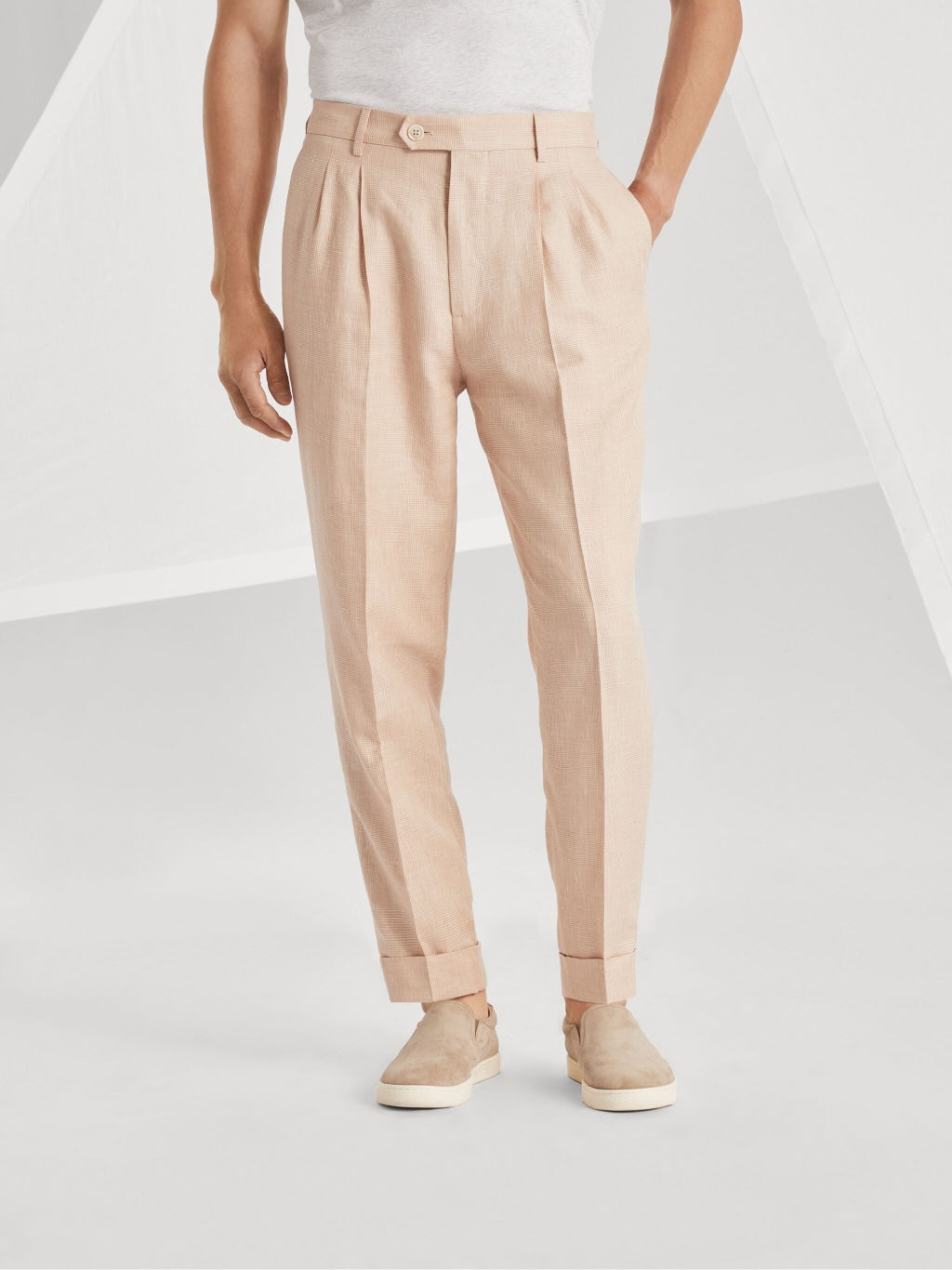 BRUNELLO CUCINELLI MEN'S LIGHT PINK WOOL LINEN TROUSERS