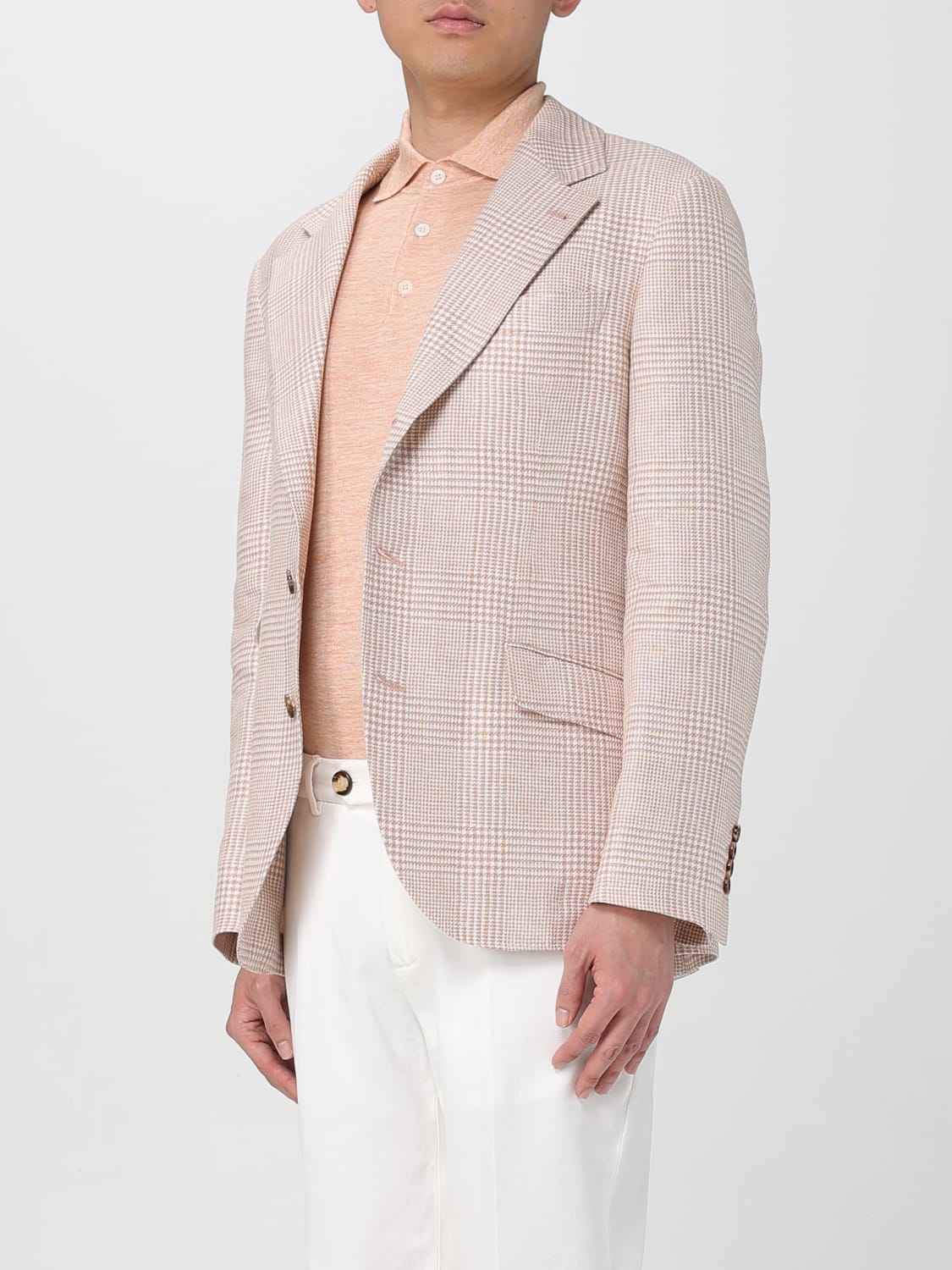 BRUNELLO CUCINELLI MEN'S PAPAYA LINEN WOOL PLAID BLAZER