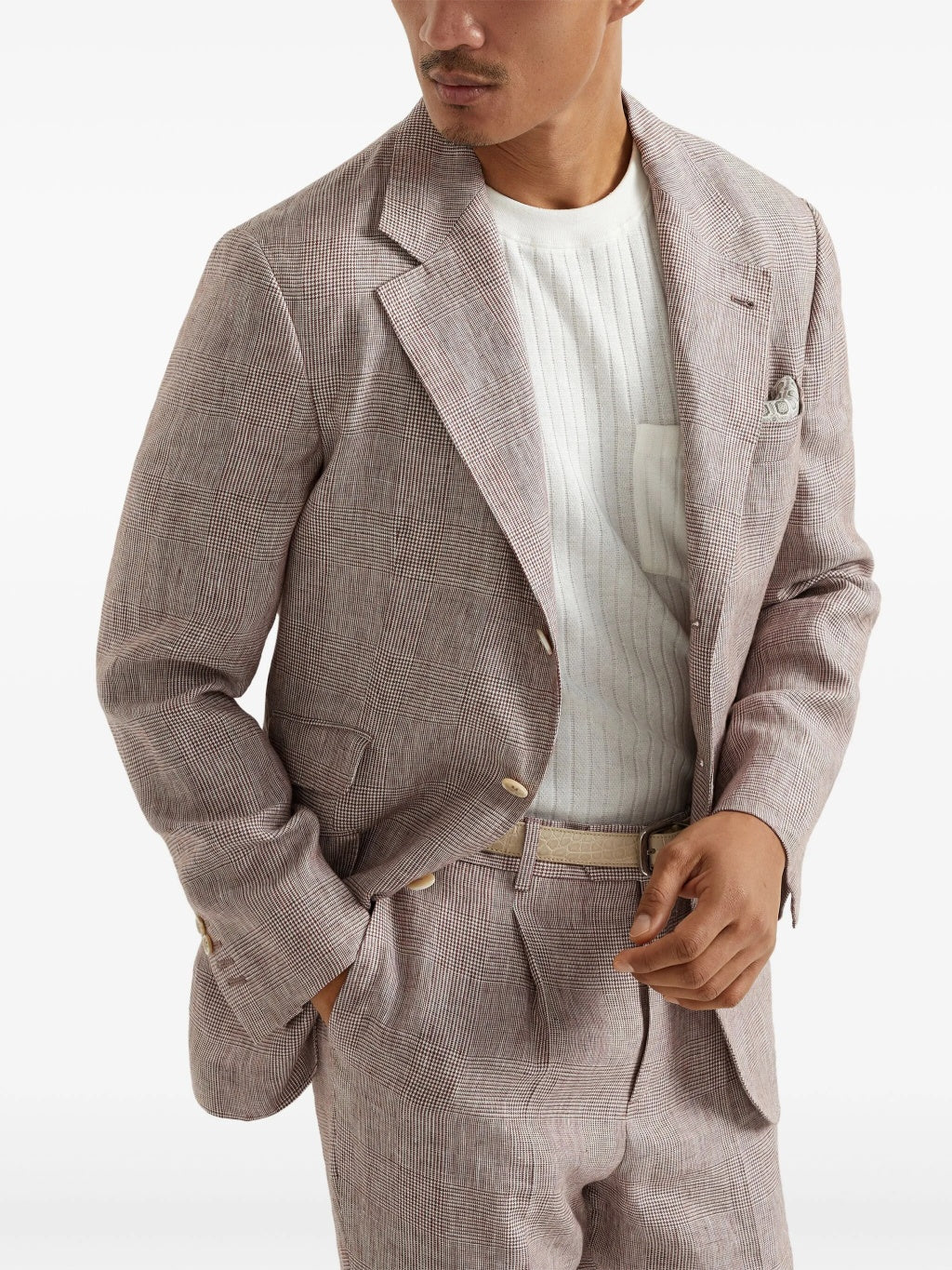 BRUNELLO CUCINELLI MEN'S LIGHT BROWN LINEN CHECK BLAZER