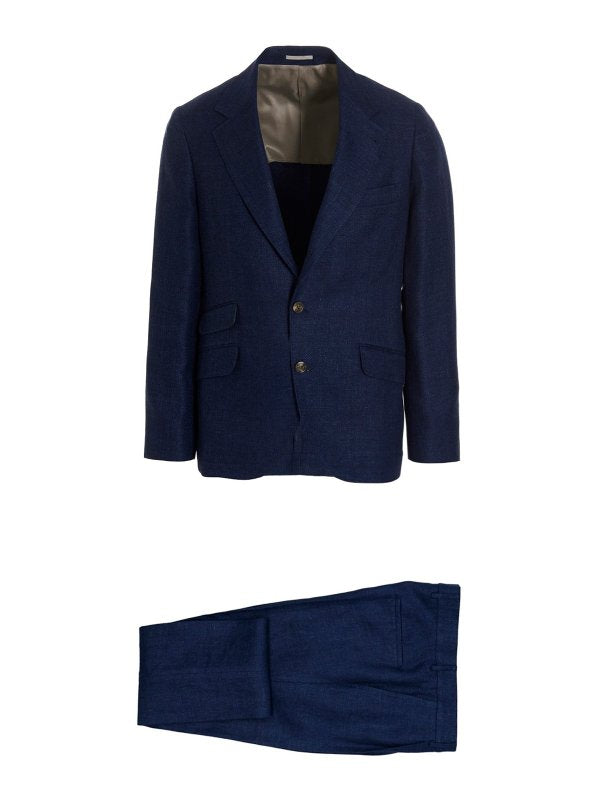 BRUNELLO CUCINELLI MEN'S INDIGO LINEN WOOL TAILORED SUIT