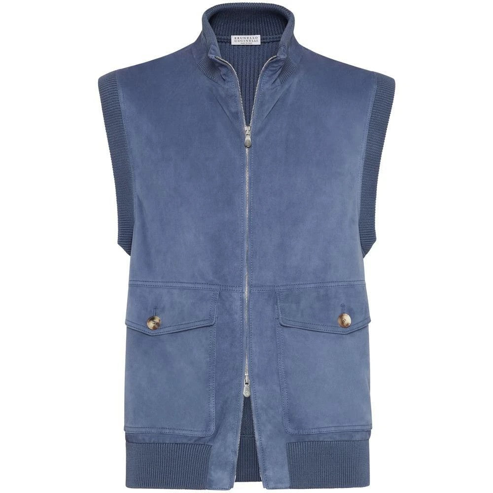 BRUNELLO CUCINELLI MEN'S BLUE SUEDE ZIP VEST