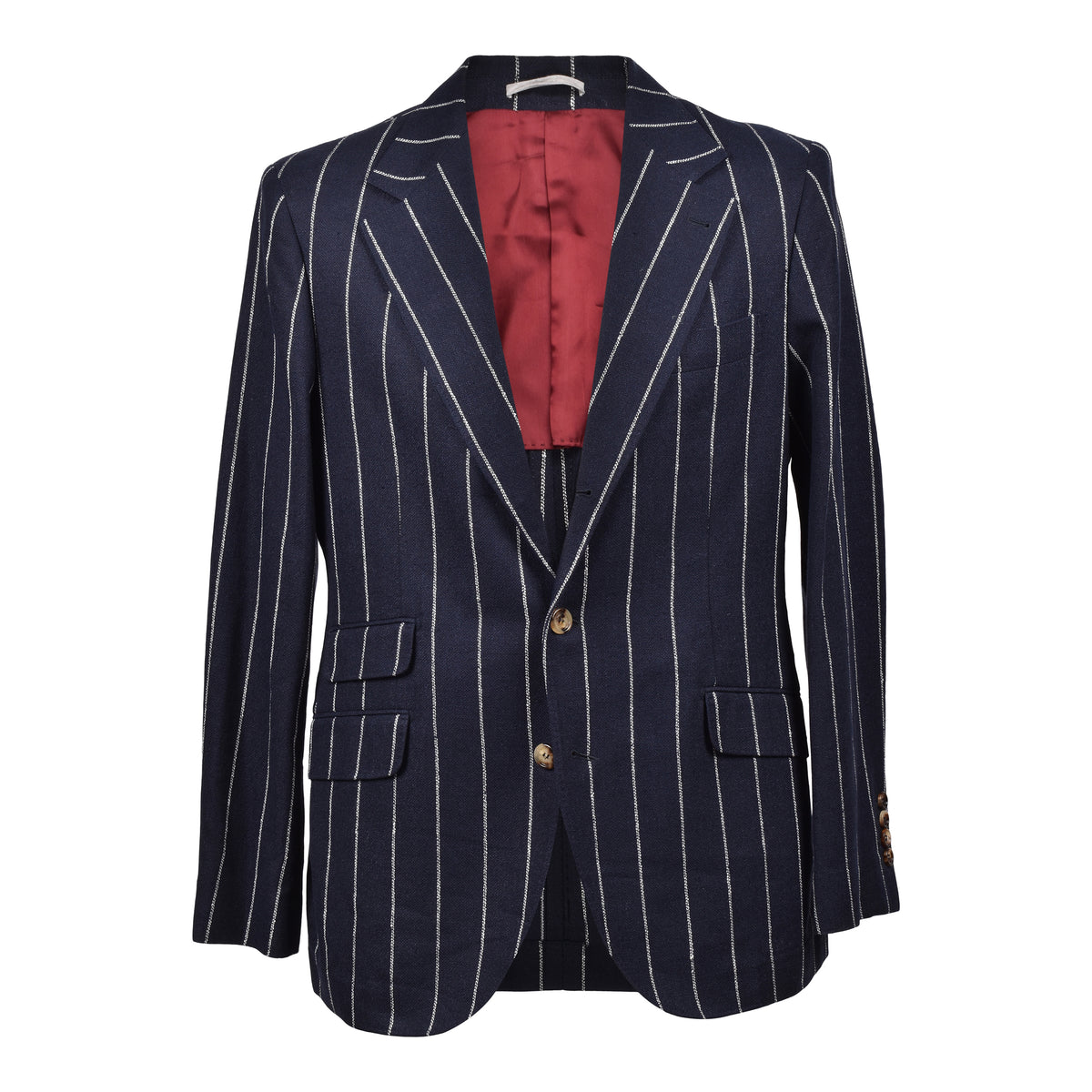 BRUNELLO CUCINELLI MEN'S NAVY STRIPED LINEN SUIT