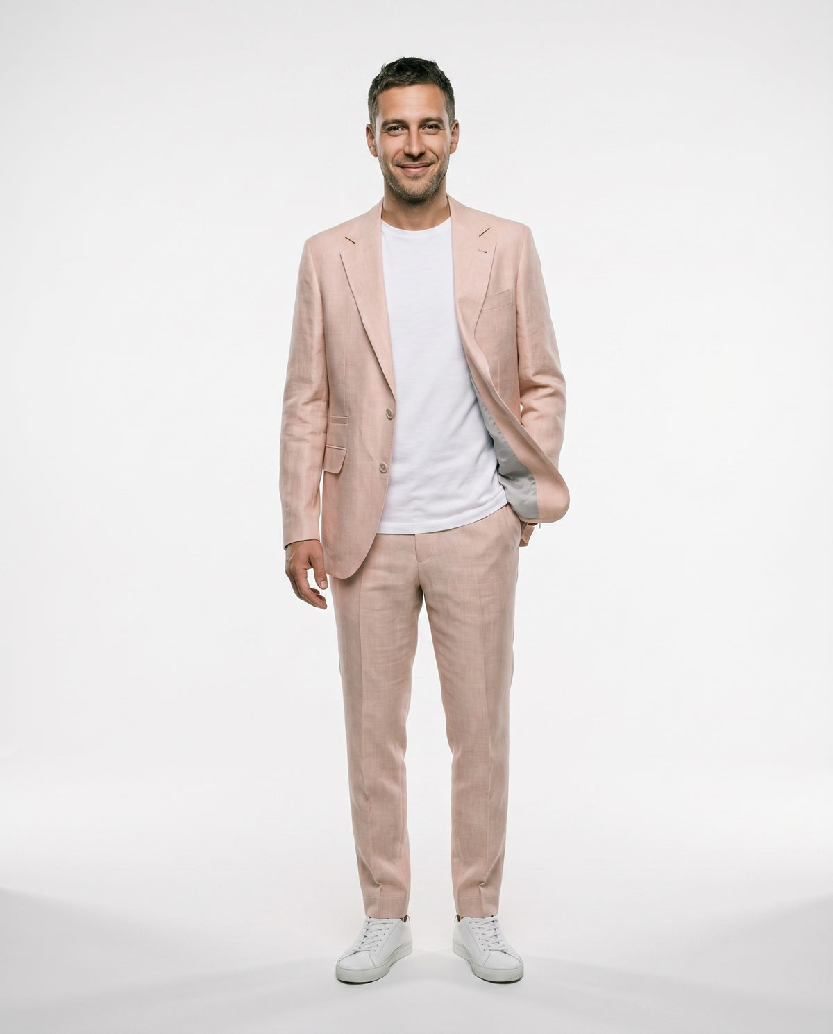 BRUNELLO CUCINELLI MEN'S LIGHT PINK WOOL LINEN SUIT