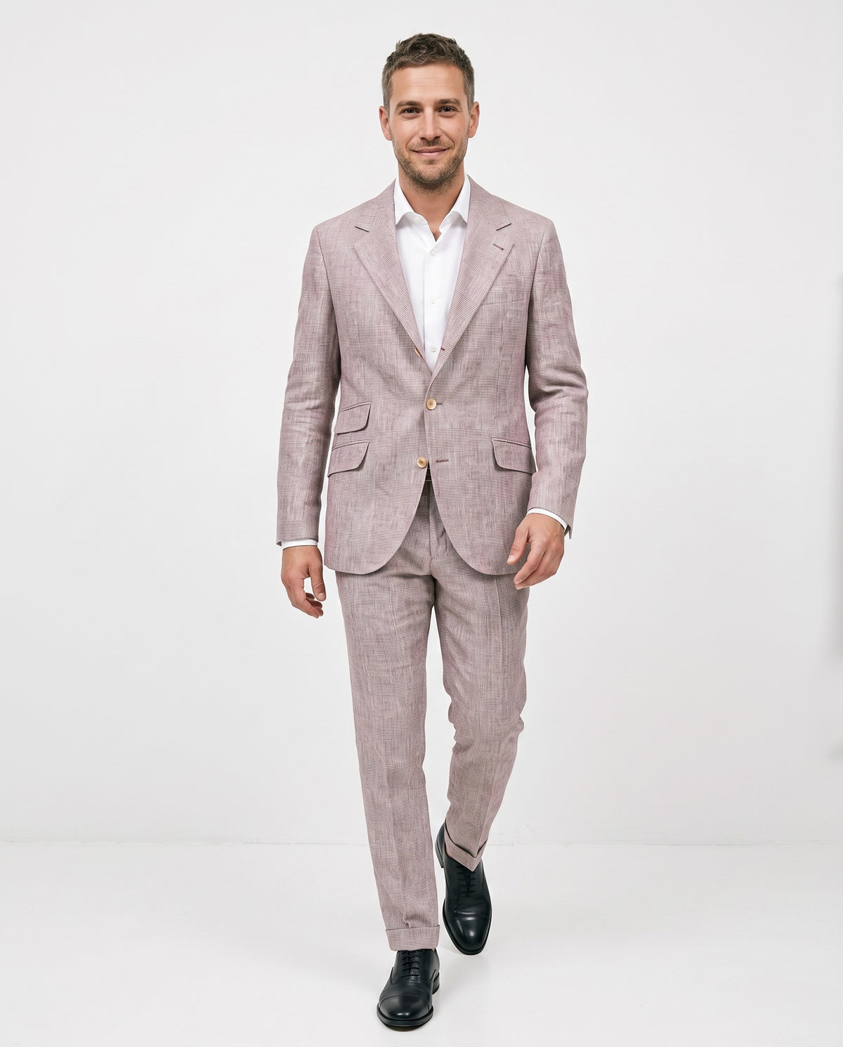 BRUNELLO CUCINELLI MEN'S LIGHT BROWN LINEN CHECKED SUIT