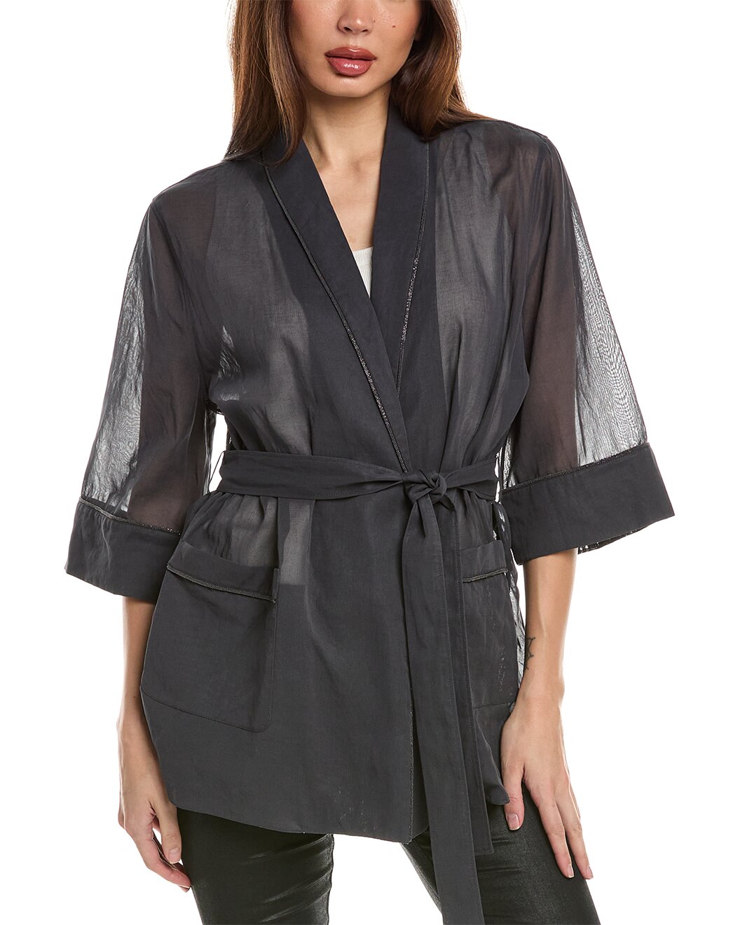 BRUNELLO CUCINELLI WOMEN'S CARBON SHEER BELTED DECONSTRUCTED JACKET