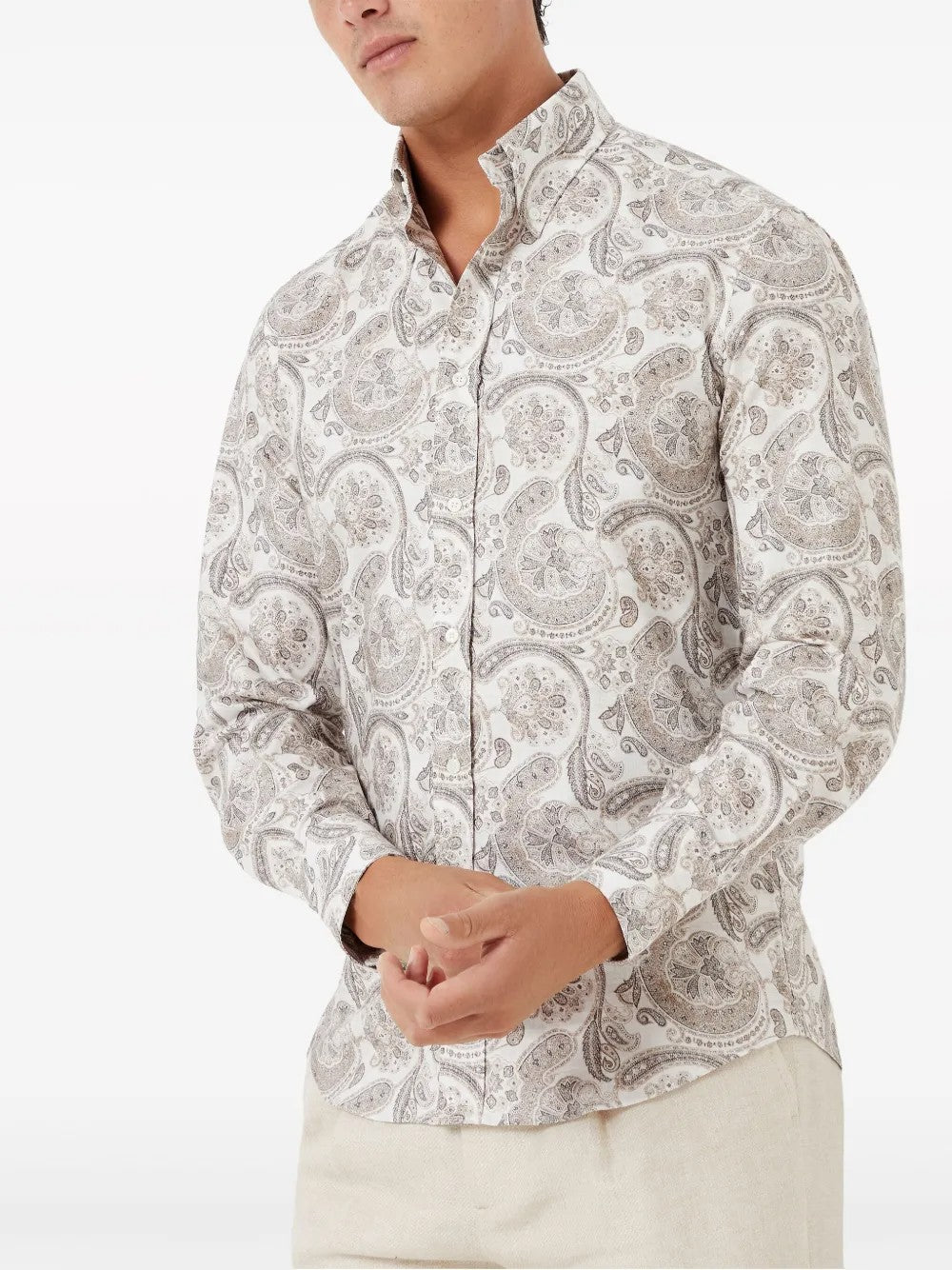 BRUNELLO CUCINELLI MEN'S LIGHT BROWN PAISLEY SHIRT