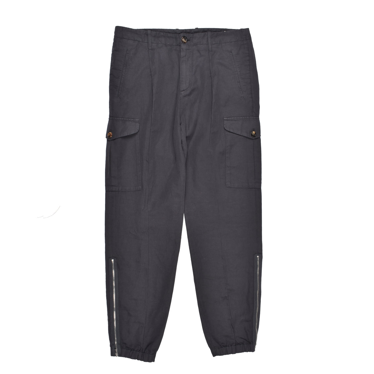 BRUNELLO CUCINELLI MEN'S DARK GREY LINEN TROUSERS