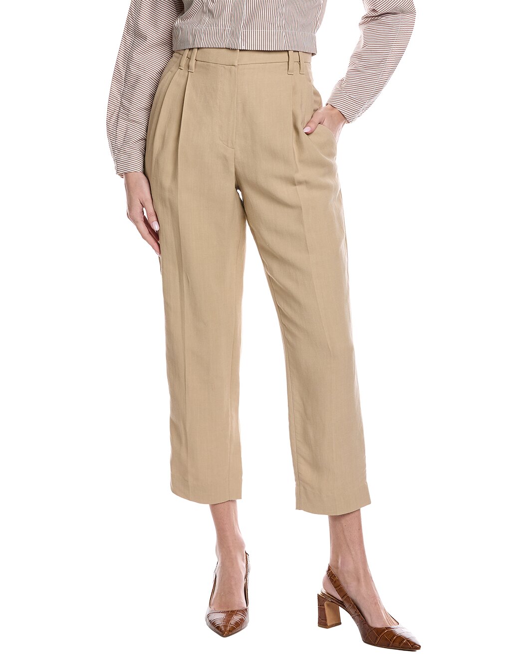 BRUNELLO CUCINELLI WOMEN'S BEIGE LINEN BLEND CROPPED TROUSERS