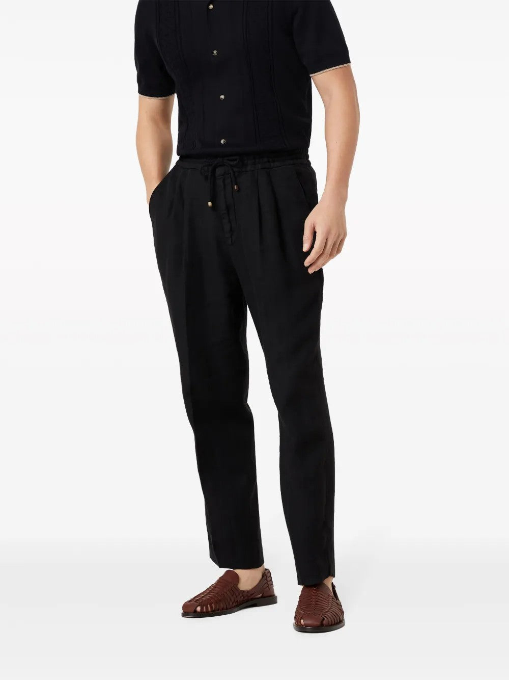 BRUNELLO CUCINELLI MEN'S BLACK LINEN RELAXED TROUSERS