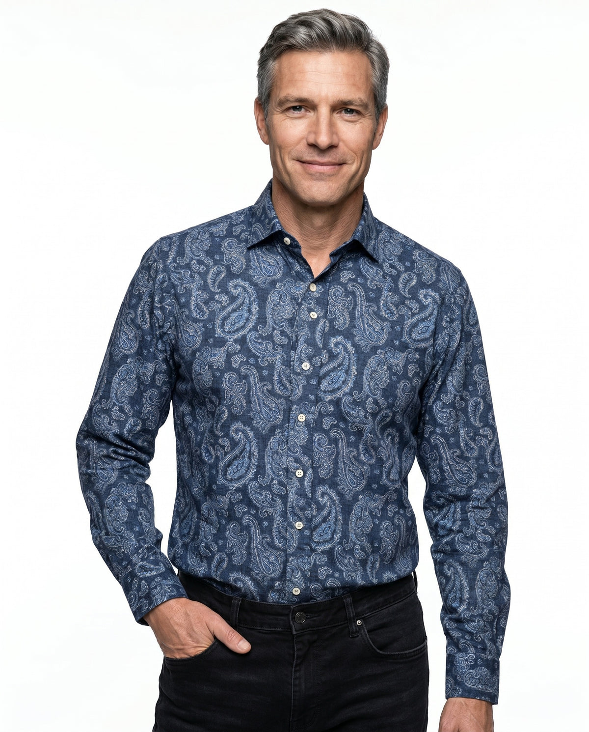 BRUNELLO CUCINELLI MEN'S BLUE PAISLEY SLIM SHIRT