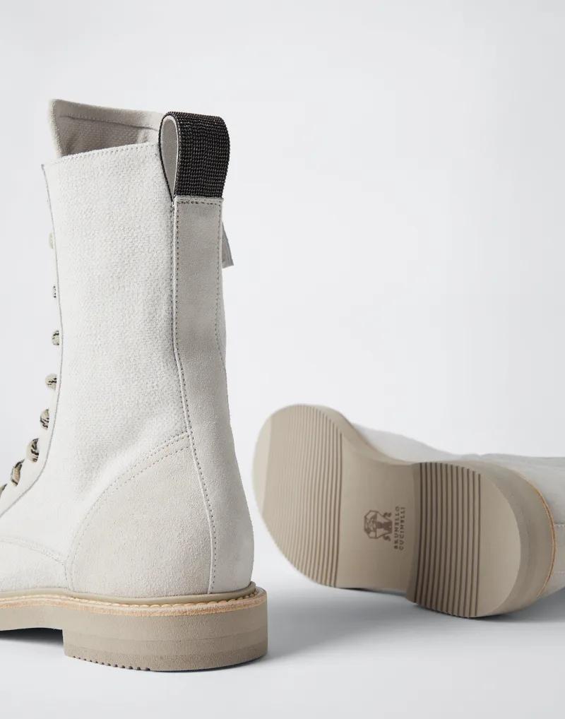 BRUNELLO CUCINELLI WOMEN'S LIGHT BEIGE CANVAS COMBAT BOOTS
