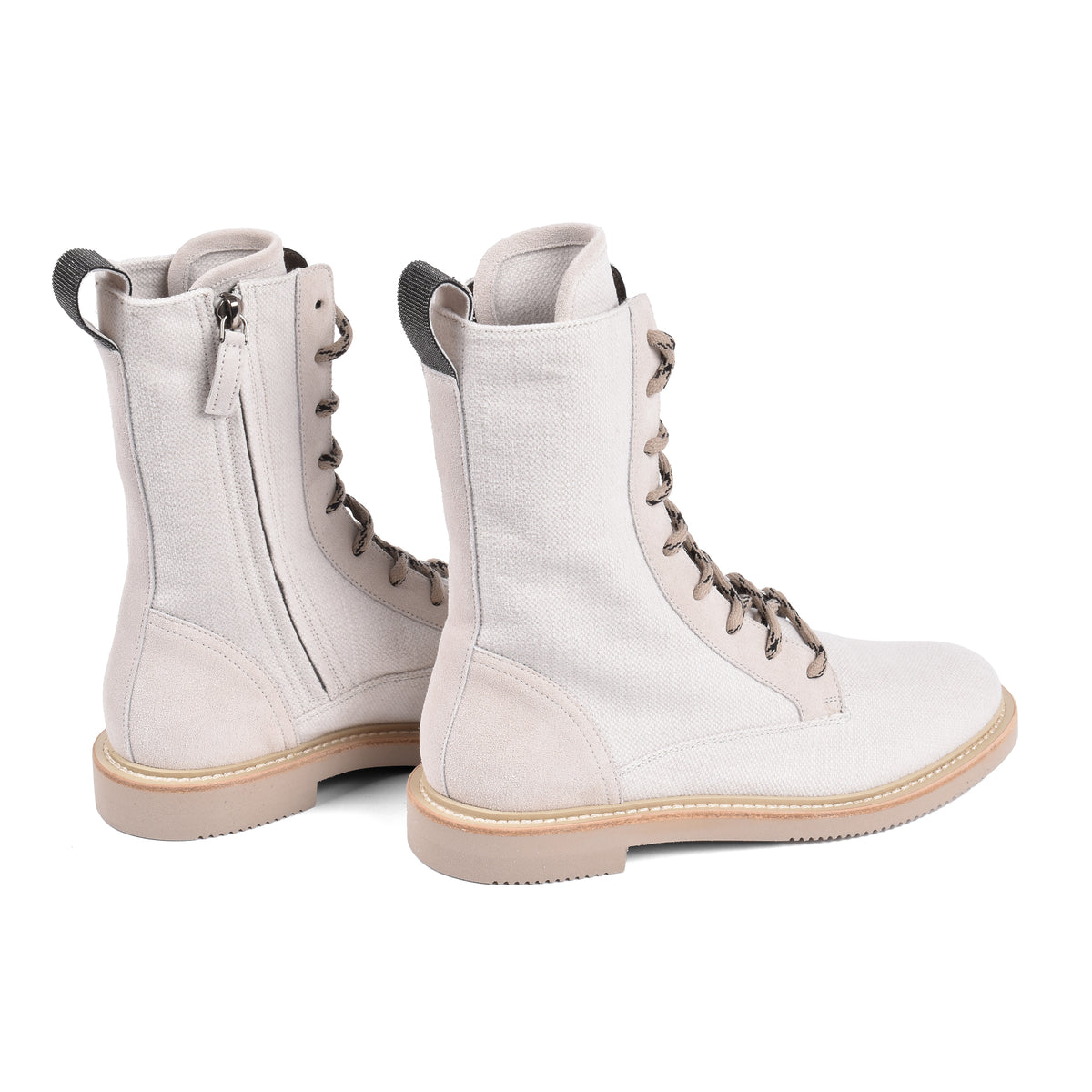 BRUNELLO CUCINELLI WOMEN'S LIGHT BEIGE CANVAS COMBAT BOOTS