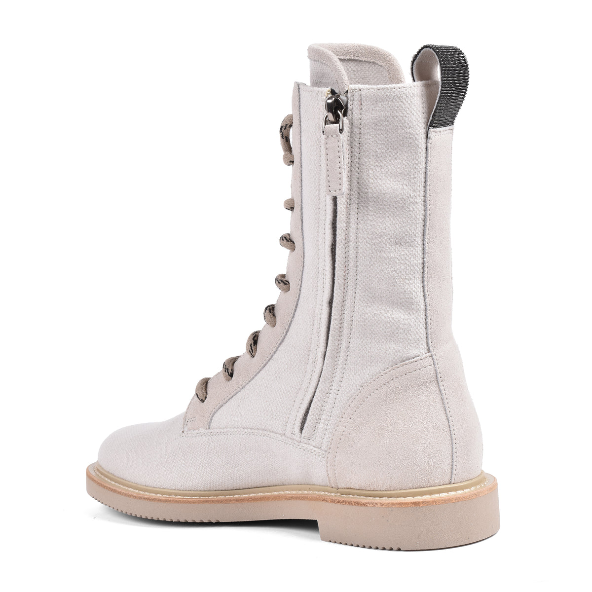 BRUNELLO CUCINELLI WOMEN'S LIGHT BEIGE CANVAS COMBAT BOOTS