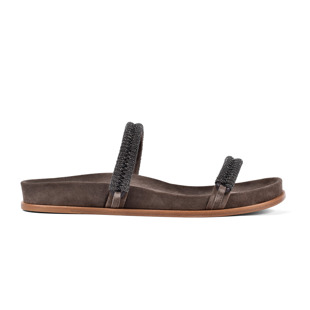 BRUNELLO CUCINELLI WOMEN'S BROWN SUEDE SANDALS WITH BEADED STRAPS