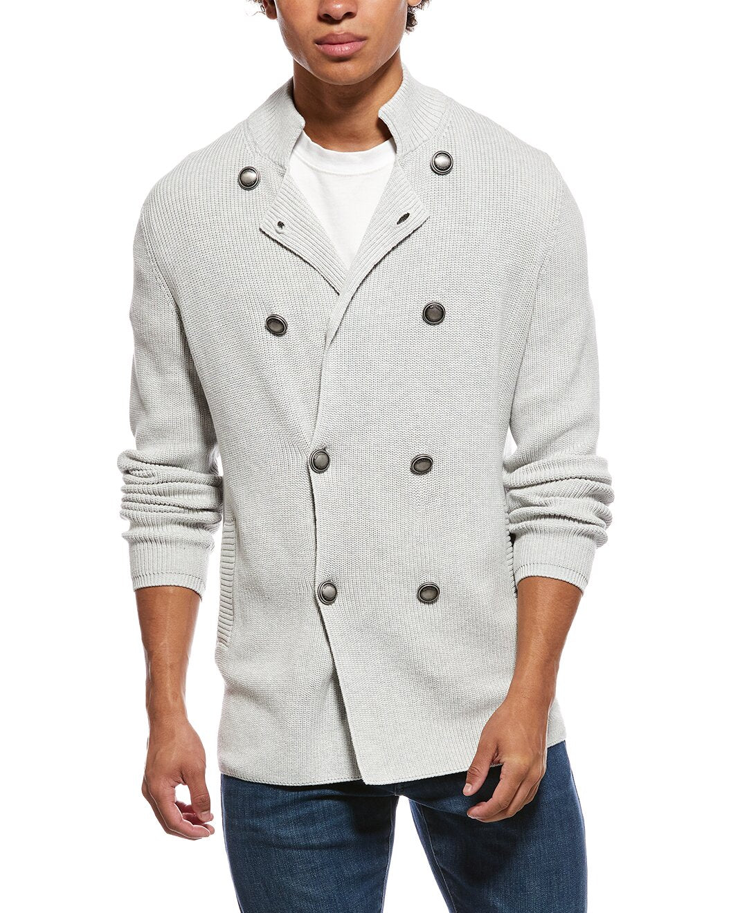 BRUNELLO CUCINELLI MEN'S LIGHT GREY DOUBLE BREASTED SWEATER