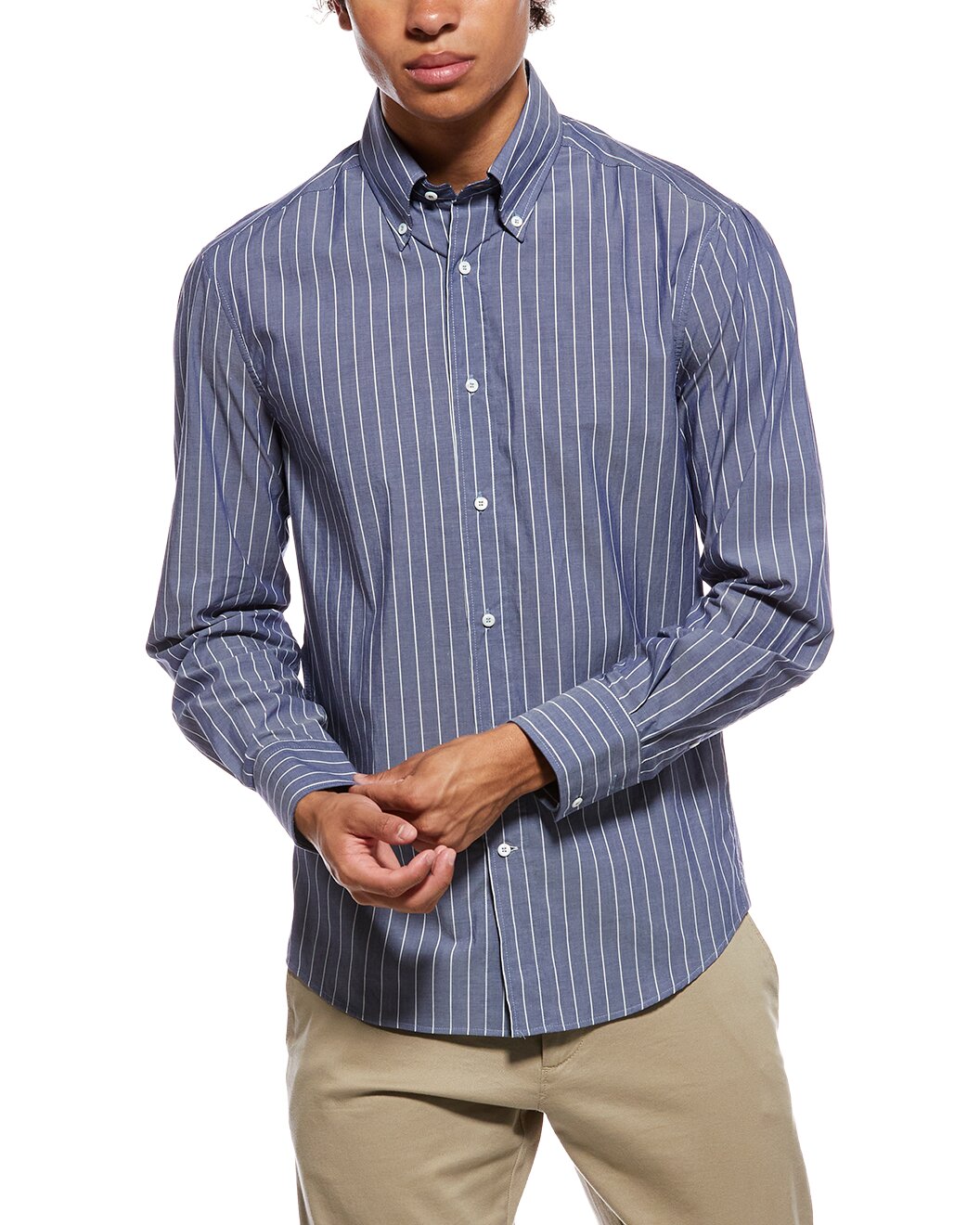 BRUNELLO CUCINELLI MEN'S BLUE WHITE STRIPED BUTTON-UP SHIRT