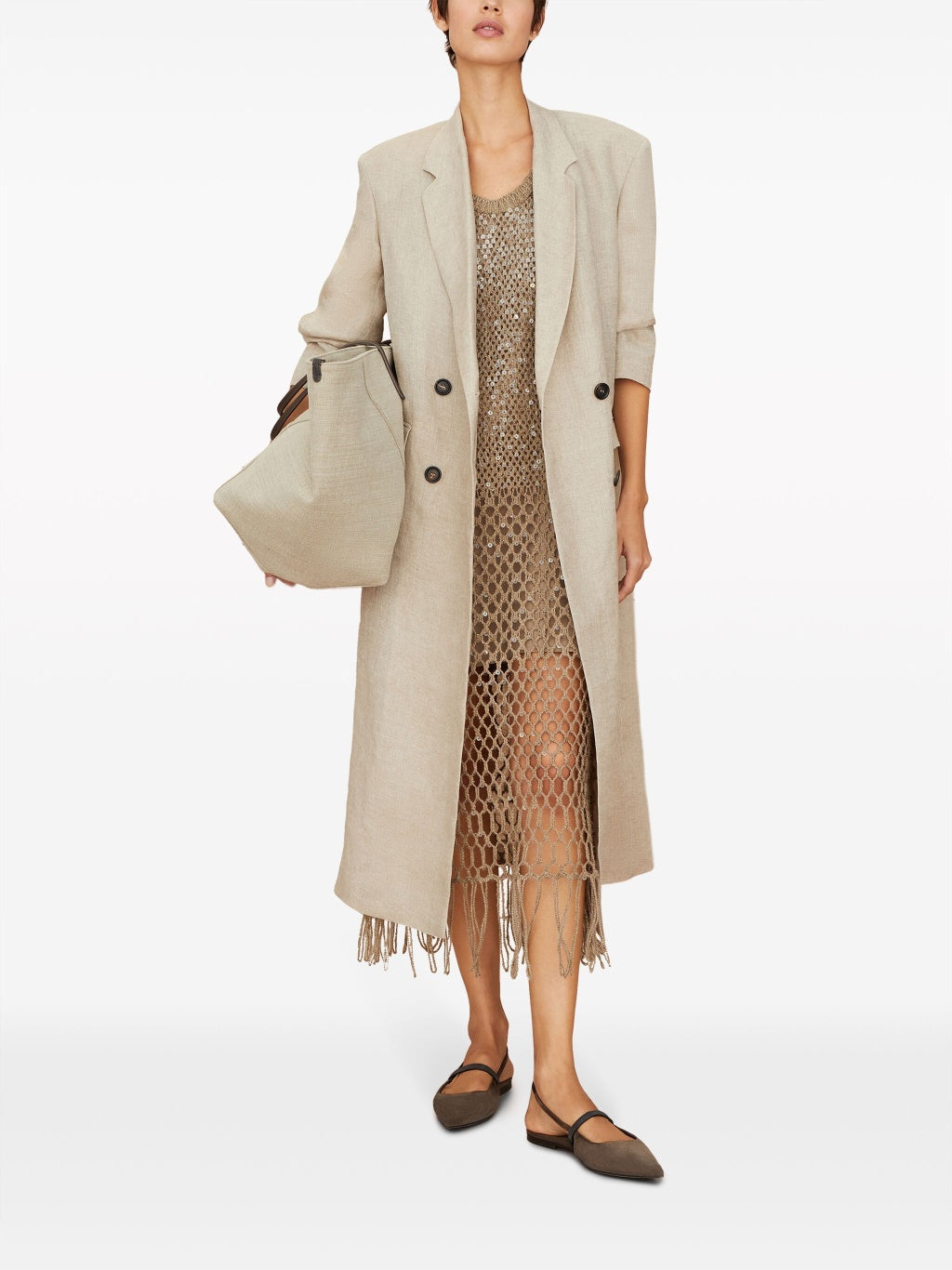 BRUNELLO CUCINELLI WOMEN'S FANGO SILK LINEN CROCHET DRESS WITH FRINGE