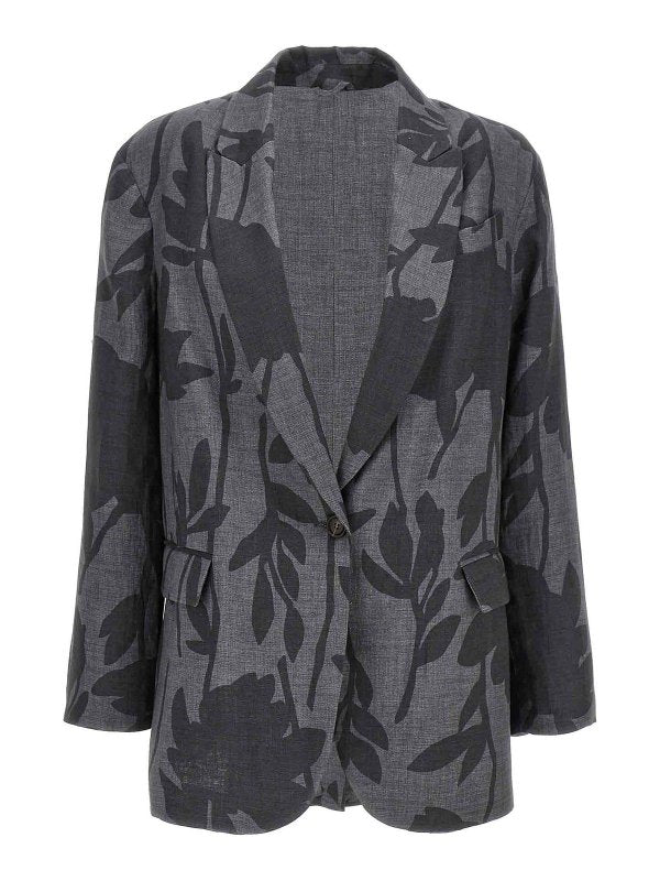 BRUNELLO CUCINELLI WOMEN'S GREY LINEN FLORAL BLAZER