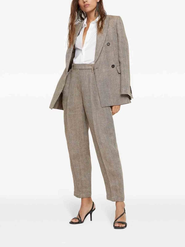 BRUNELLO CUCINELLI WOMEN'S TABACCO LINEN DOUBLE BREASTED JACKET