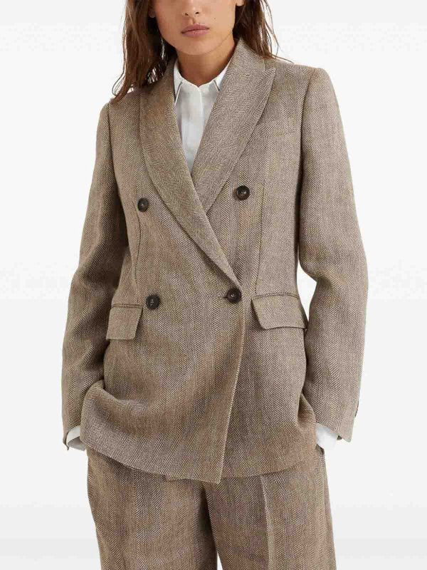 BRUNELLO CUCINELLI WOMEN'S TABACCO LINEN DOUBLE BREASTED JACKET