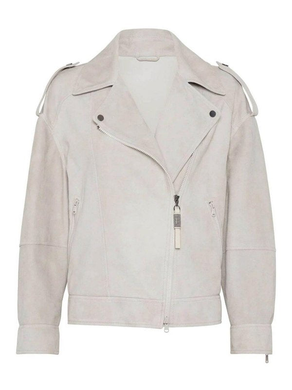 BRUNELLO CUCINELLI WOMEN'S LIGHT BEIGE LEATHER BIKER JACKET