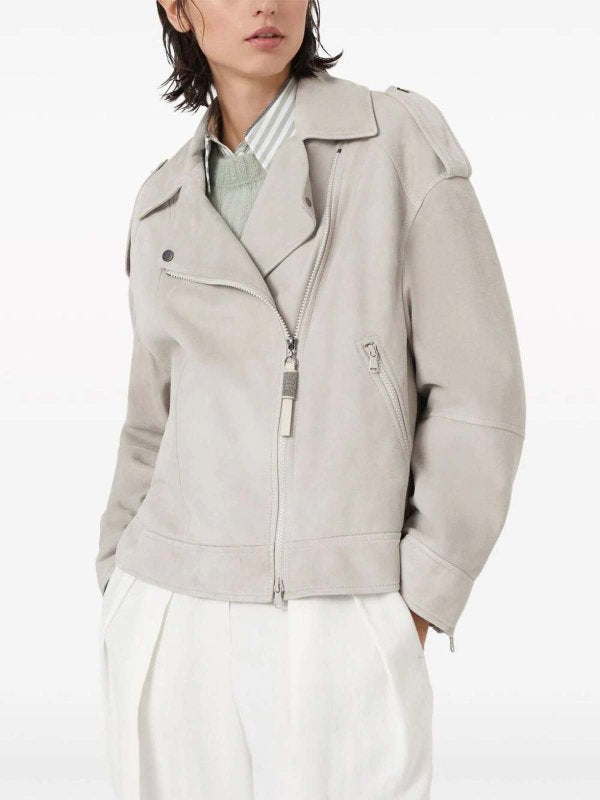 BRUNELLO CUCINELLI WOMEN'S LIGHT BEIGE LEATHER BIKER JACKET