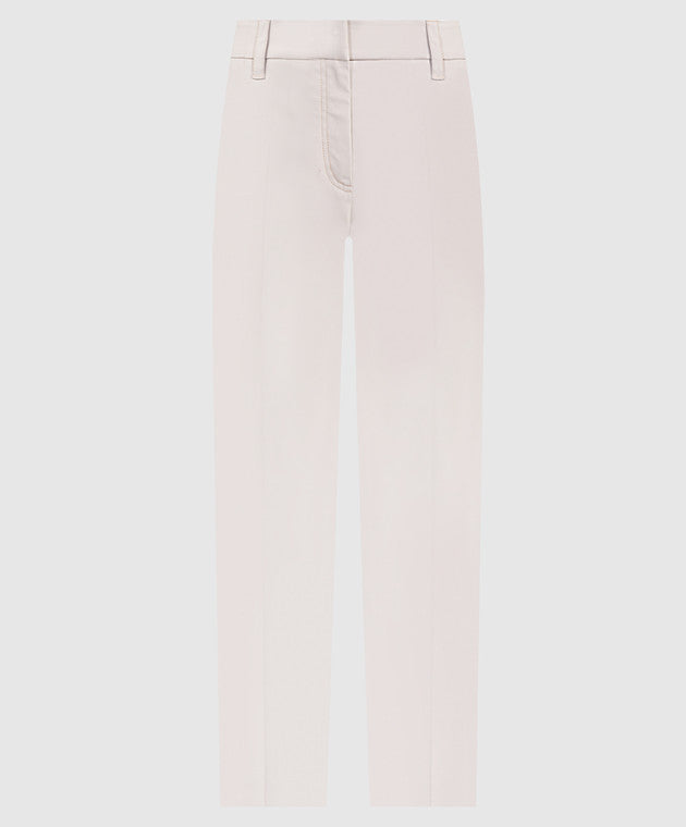 BRUNELLO CUCINELLI WOMEN'S LIGHT NEUTRAL SLIM COTTON TROUSERS WITH FRONT CREASE