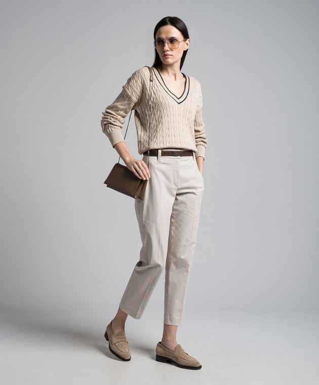 BRUNELLO CUCINELLI WOMEN'S LIGHT NEUTRAL SLIM COTTON TROUSERS WITH FRONT CREASE