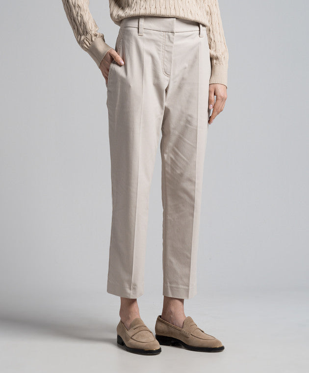 BRUNELLO CUCINELLI WOMEN'S LIGHT NEUTRAL SLIM COTTON TROUSERS WITH FRONT CREASE