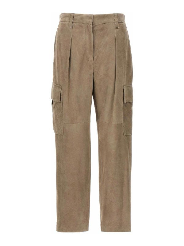 BRUNELLO CUCINELLI WOMEN'S TAUPE LEATHER STRAIGHT LEG TROUSERS